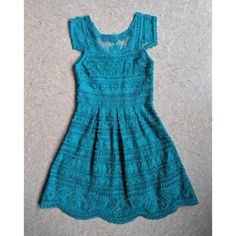 Yoana Baraschi Teal Blue Soutache Ribbon Lace Mesh Cocktail Dress Size 4 AD353